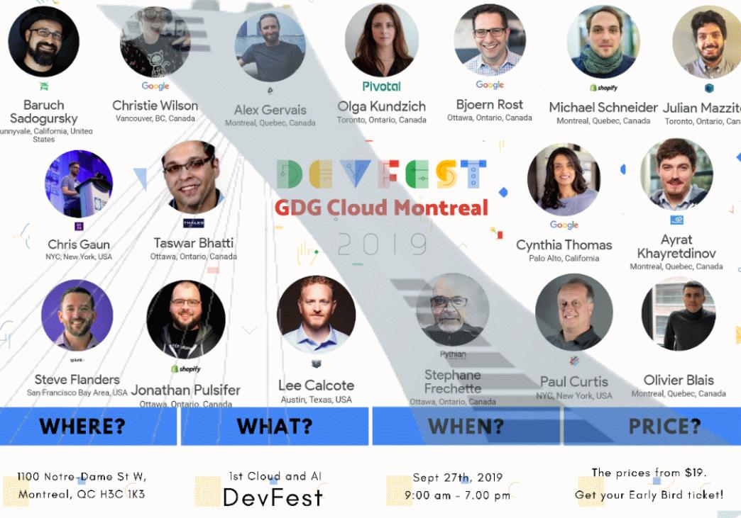 clouddevfestmtl's tweet photo. Cloud and AI DevFest Montreal 2019 speakers and schedule has been published! Featuring 1day/ 3 workshops/ 3 tracks / 20 + talks. Early bird tickets Ends September 22nd only $39!

Website: https://t.co/ibj5FC8Ul4 https://t.co/yA6rnGfD28
