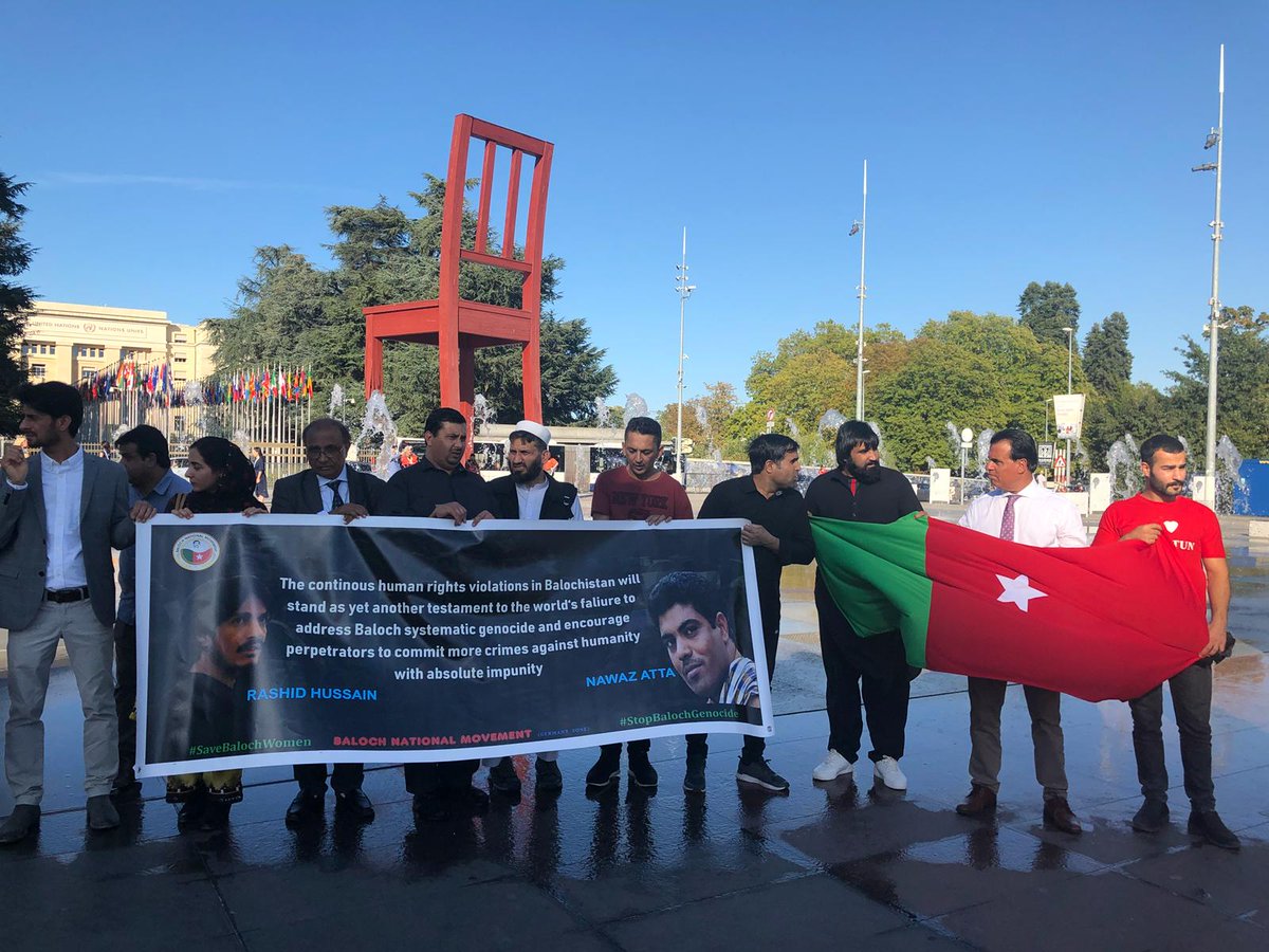 BNMovement_'s tweet photo. Baloch National Movement held a protest against #BalochGenocide at Broken Chair in Geneva, Switzerland, during @UNHumanRights 42nd session. https://t.co/ir7VdthpYC