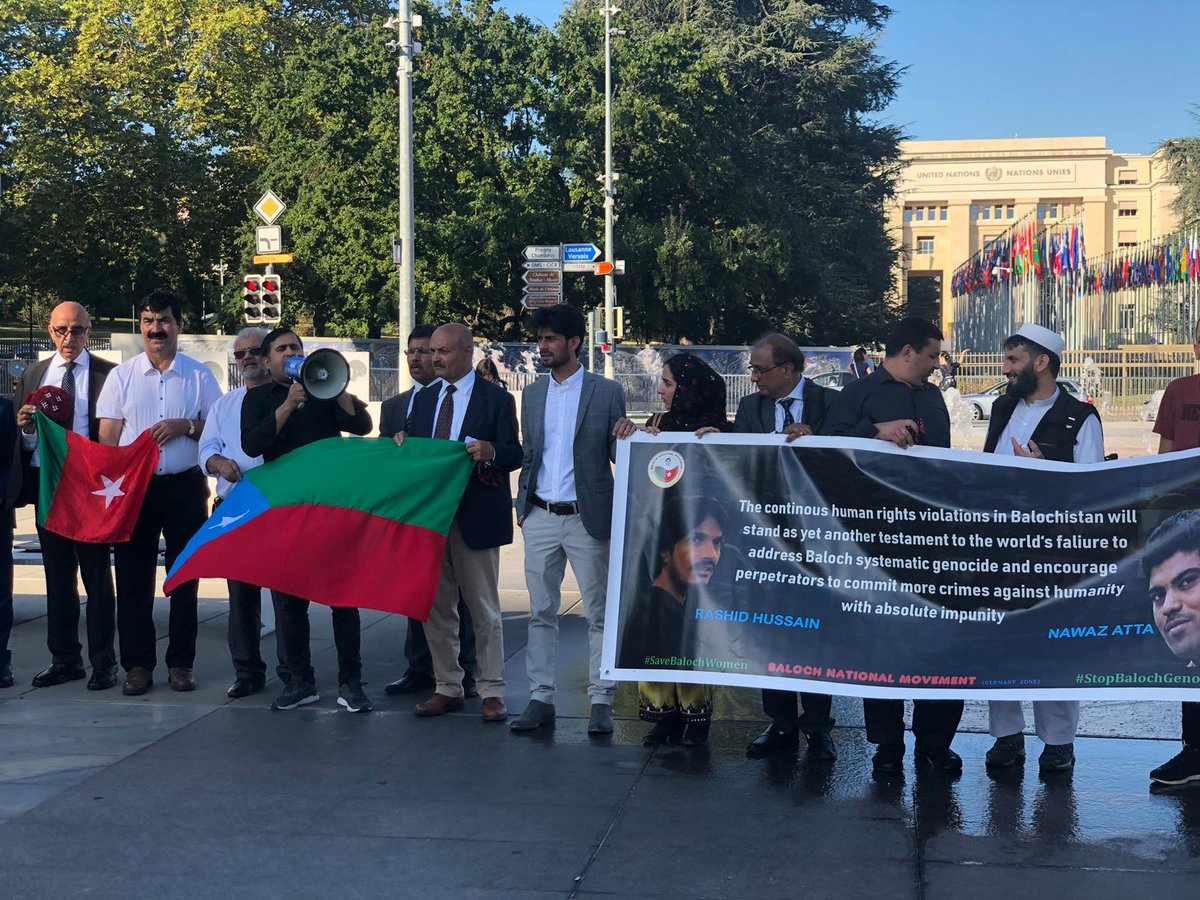 BNMovement_'s tweet photo. Baloch National Movement held a protest against #BalochGenocide at Broken Chair in Geneva, Switzerland, during @UNHumanRights 42nd session. https://t.co/ir7VdthpYC