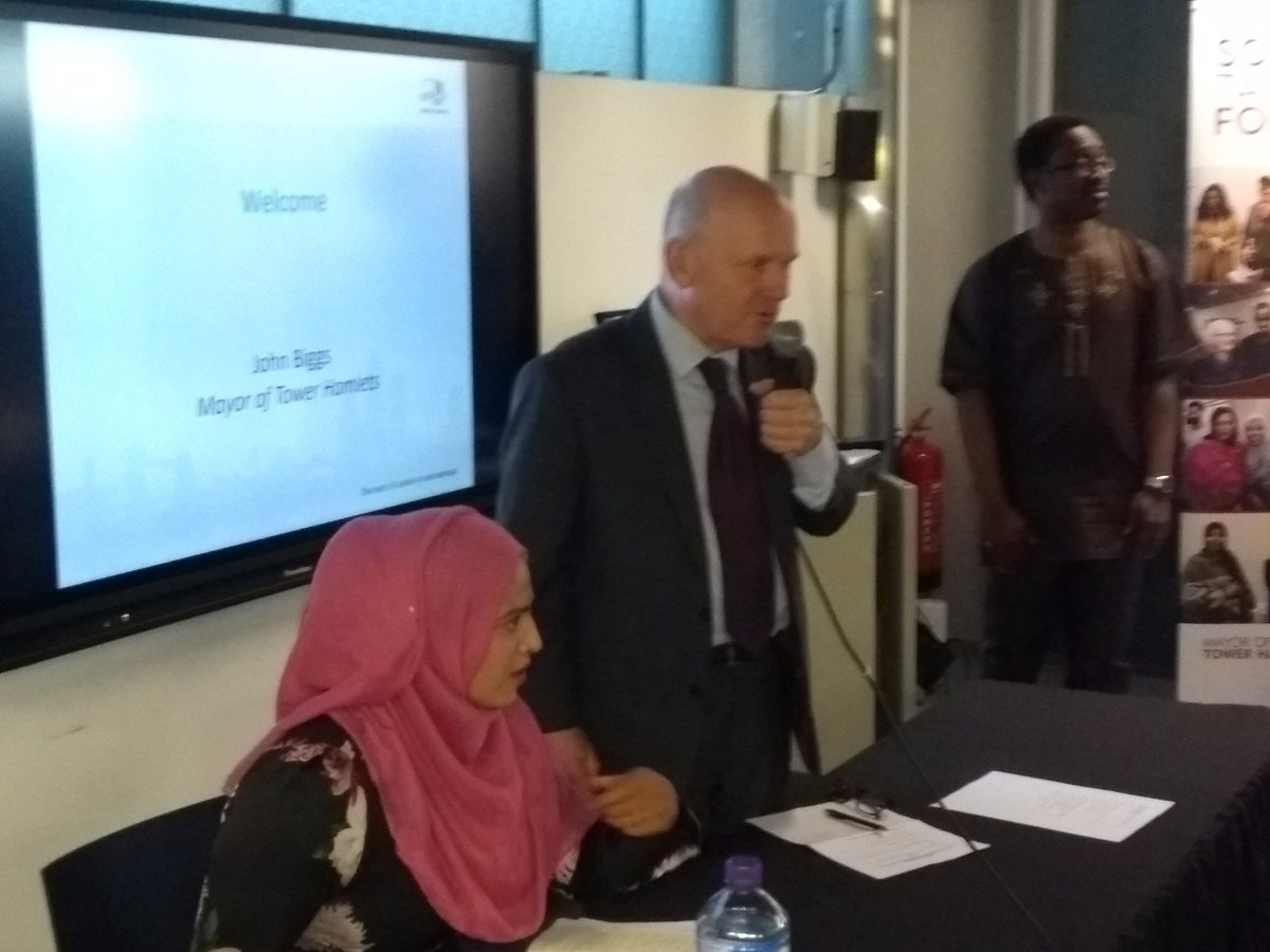 TowerHamletsNow's tweet photo. Packed house here at Idea Store Whitechapel for the Somali Task Force . Welcome from @MayorJohnBiggs tells guests he's want to hear from them and he's on their side. @cllrasmabegum says lots has been achieved but there is still work to do. #THSomaliTaskForce https://t.co/AGOl7hTwE6