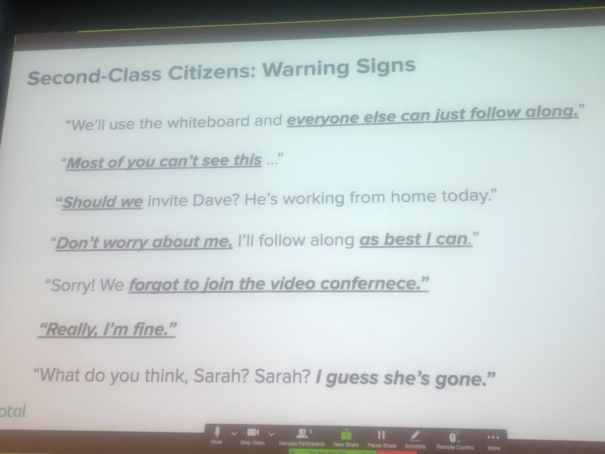 Second Class Citizen Warning Signs for #remoteteams #distributedteams from Joe Moore <a href="/pivotallabs/">VMware Pivotal Labs</a> talk during #denverstartupweek
