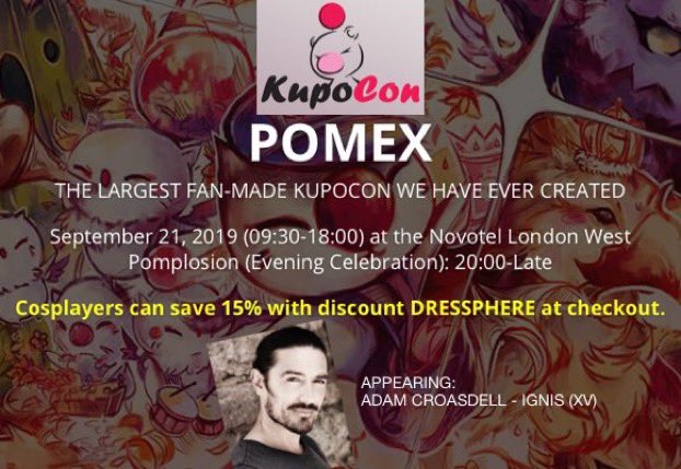 ACroasdell's tweet photo. Final Fantasy fans! I'll be appearing at @KupoConEN in London Sept. 21, so come out and see me & @RayChase and let's have some fun 😎 Tickets: https://t.co/Lhi9FZmPIb #AdamCroasdell #Ignis #FFXV #FinalFantasy #Bothwell #Reign #Eccarius #Preacher #Baldur #SPNFamily https://t.co/qzBgAAY8Jb