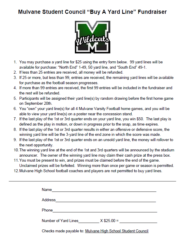 MulvaneHigh's tweet photo. MHS STUCO "Buy a Yard Line" fundraiser.
The form is attached below or you can hit up a MHS STUCO member. Only 99 yard lines to buy, so hurry up and buy one before they are all gone!!

Thank you for your support!

Questions? contact Anna Johnson at MHS ajohnson@usd263.org https://t.co/wafMB4ZyOY