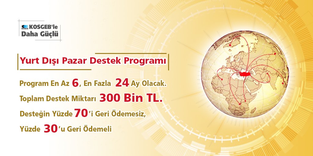 KOSGEB "Yurt Dışı Pazar Destek Programı" ile uluslararası pazarlara açılmak isteyen KOBİ'lere toplam 300 Bin TL destek verilecek.
