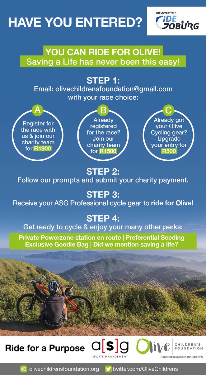 OliveChildrens's tweet photo. Hey @BreytonPaulse are you cycling @947RideJoburg? Don't you have friends who'd like to join our charity team and save a life? There is still place to ride for Olive! @asgrsa https://t.co/R1TsIe0Aeu