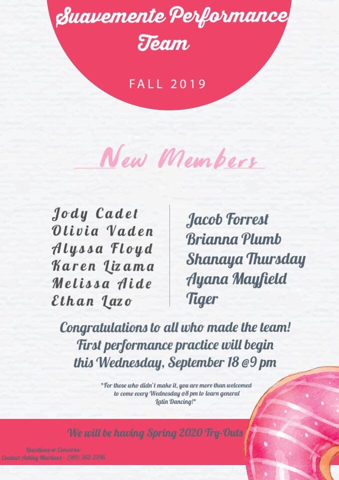 ‼️‼️PERFORMANCE TEAM NEW MEMBERS ANNOUNCEMENT‼️‼️

if you didn’t make the team- don’t worry! you can still be apart of Suave, come out to our dance lessons on wednesday’s, and retry out next semester!