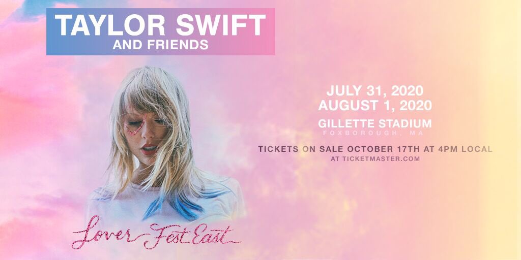 GilletteStadium's tweet image. Calling all Lovers!

Taylor Swift is coming to @GilletteStadium for 2 nights July 31 &amp;amp; Aug 1, 2020. Register for Verified Fan on Thurs, Sept 19 at 4pm ET to see Taylor and Friends at Lover Fest East. Tix on sale to the public 4pm on Oct 17.

More info at TaylorSwift.com