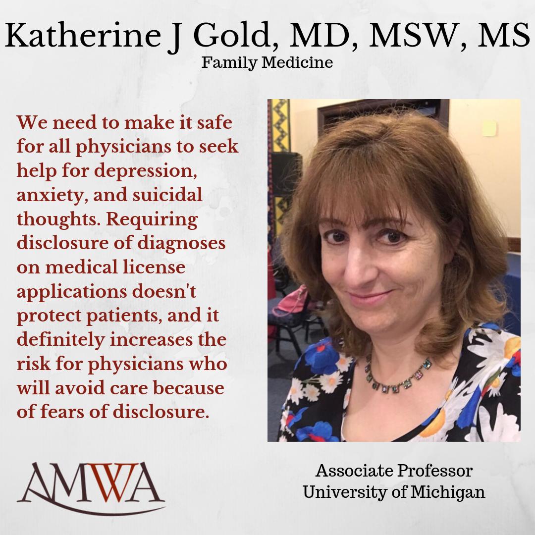 AMWADoctors's tweet image. #AMWAShineASpotlight – Katherine J. Gold, MD, MSW, MS – Associate Professor
University of Michigan
Read her story: bit.ly/2kMQwwo
#NPSADay #DocsTalkSuicide #Light4Docs @Cord_EM