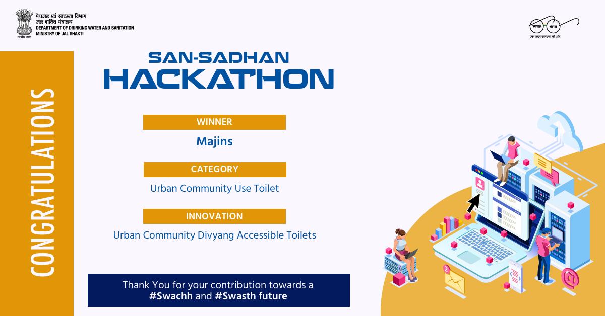 swachhbharat's tweet image. Congratulations to team 'Majins' for their contribution to a #Swachh and #Swasth Bharat. Their innovation was appreciated at the San-Sadhan Hackathon and the team was adjudged winners under the 'Urban Community Use Toilet' category. #SanHack 
 @AIMtoInnovate @socialpwds