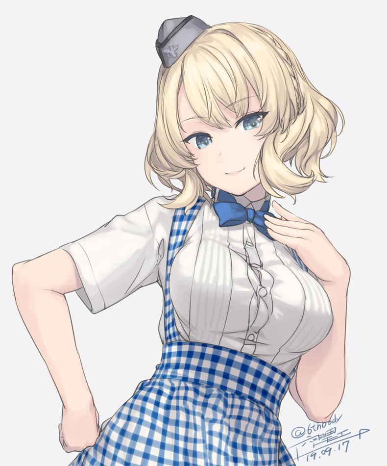 colorado (kancolle) 1girl solo blue apron high-waist skirt garrison cap blue bowtie blonde hair  illustration images