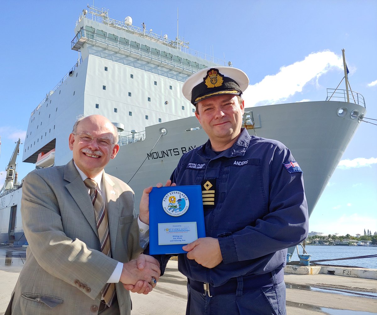 Glenn Wiltshire welcomes Capt. Robert Anders and crew of the Mounts Bay (British RFA). The Mounts Bay was the first ship to put teams ashore with relief supplies for the Abacos Islands after Hurricane Dorian.  #FLPowerhousePort  @ RFAHeadquarters #HurricaneDorian #MightyMounts