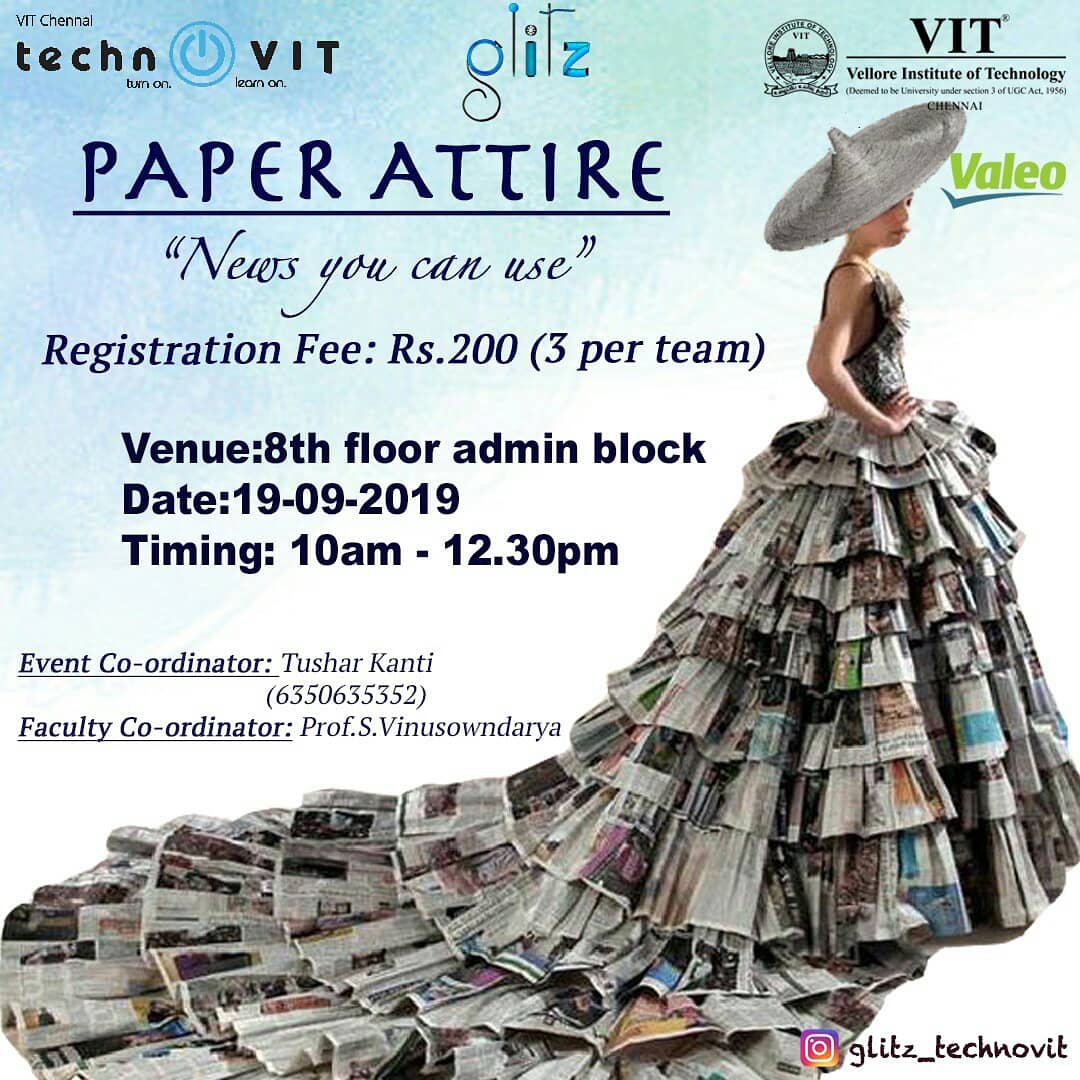 technovit's tweet photo. Glitz, from VIT Fashion Institute of Technology is very proud to present to you a plethora of fun and educational events throughout technoVIT'19! Do join in the fun this 19th, 20th and 21st of September!
#technoVIT19 #TurnOnLearnOn https://t.co/cFk3qa6ioh