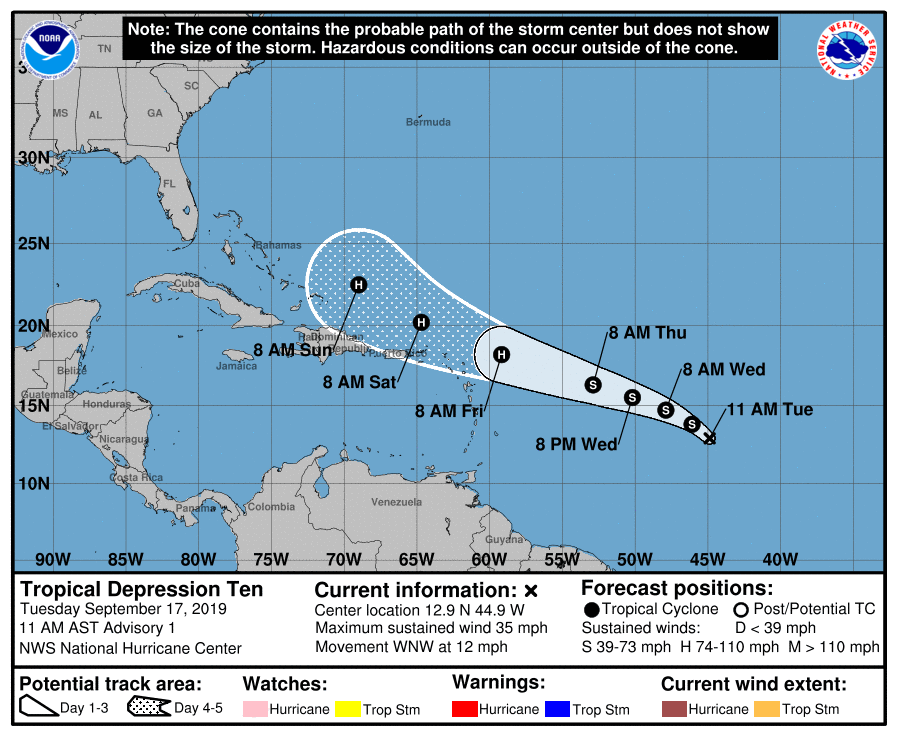 NHC_Atlantic's tweet photo. Tropical Depression #Ten has formed in the central tropical Atlantic. Strengthening is forecast and interests in the northern Leeward Islands should monitor the progress of this system. Latest at: https://t.co/tW4KeFW0gB https://t.co/Eedb9u57Il