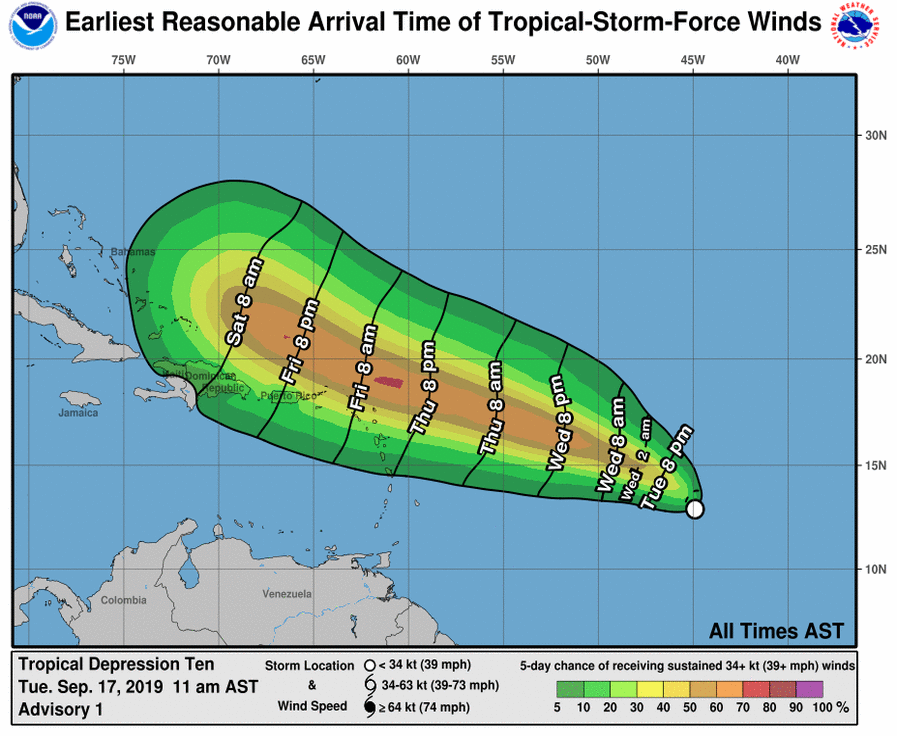 NHC_Atlantic's tweet photo. Tropical Depression #Ten has formed in the central tropical Atlantic. Strengthening is forecast and interests in the northern Leeward Islands should monitor the progress of this system. Latest at: https://t.co/tW4KeFW0gB https://t.co/Eedb9u57Il
