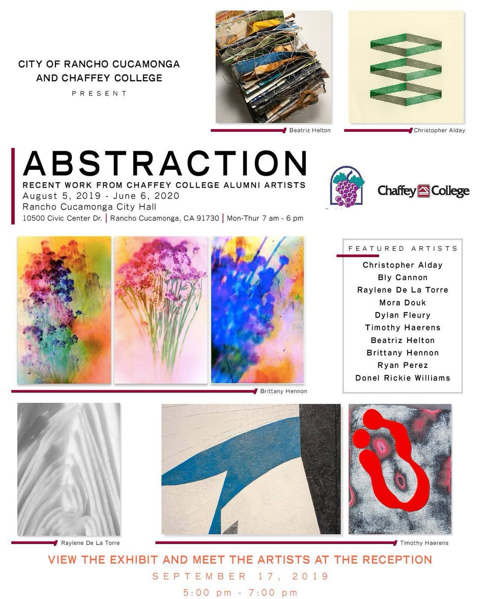 CSUFCOTA's tweet image. Today at 5 PM, Rancho Cucamonga City Hall hosts the Artist Reception for &quot;Abstraction&quot; featuring the work of Visual Arts Alumnus, Dylan Fleury​! For more info: bit.ly/2ZhSCT8 #CSUFCOTA #CSUF #CSUFVisualArts #CSUFAlumni