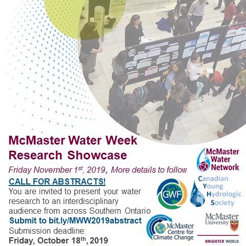 Attention all YPs! Call for Abstracts to the McMaster Water Week Research Showcase! Welcome to all levels of research, including early stages and some great prizes. Transportation is provided from Waterloo to McMaster and back.. plus a YP social to follow the event!