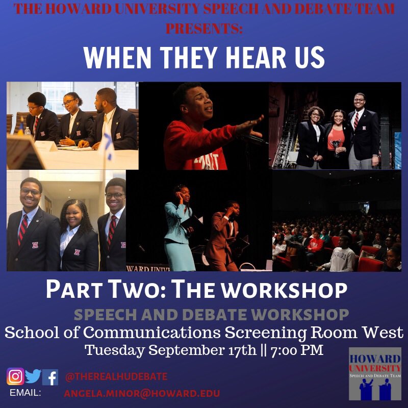 TheRealHUDebate's tweet photo. Want to know how we do, what we do? Join us for Part 2 of #WhenTheyHearUs. TONIGHT we will be having a Speech and Debate Workshop at 7pm, in Screening Room West located in SOC. Come out and don’t miss this chance to workshop! 🏆
#HU23 #HU21 #HU22 #HU20 #HUSDT #Howardspeaks https://t.co/SCZskOEpX4