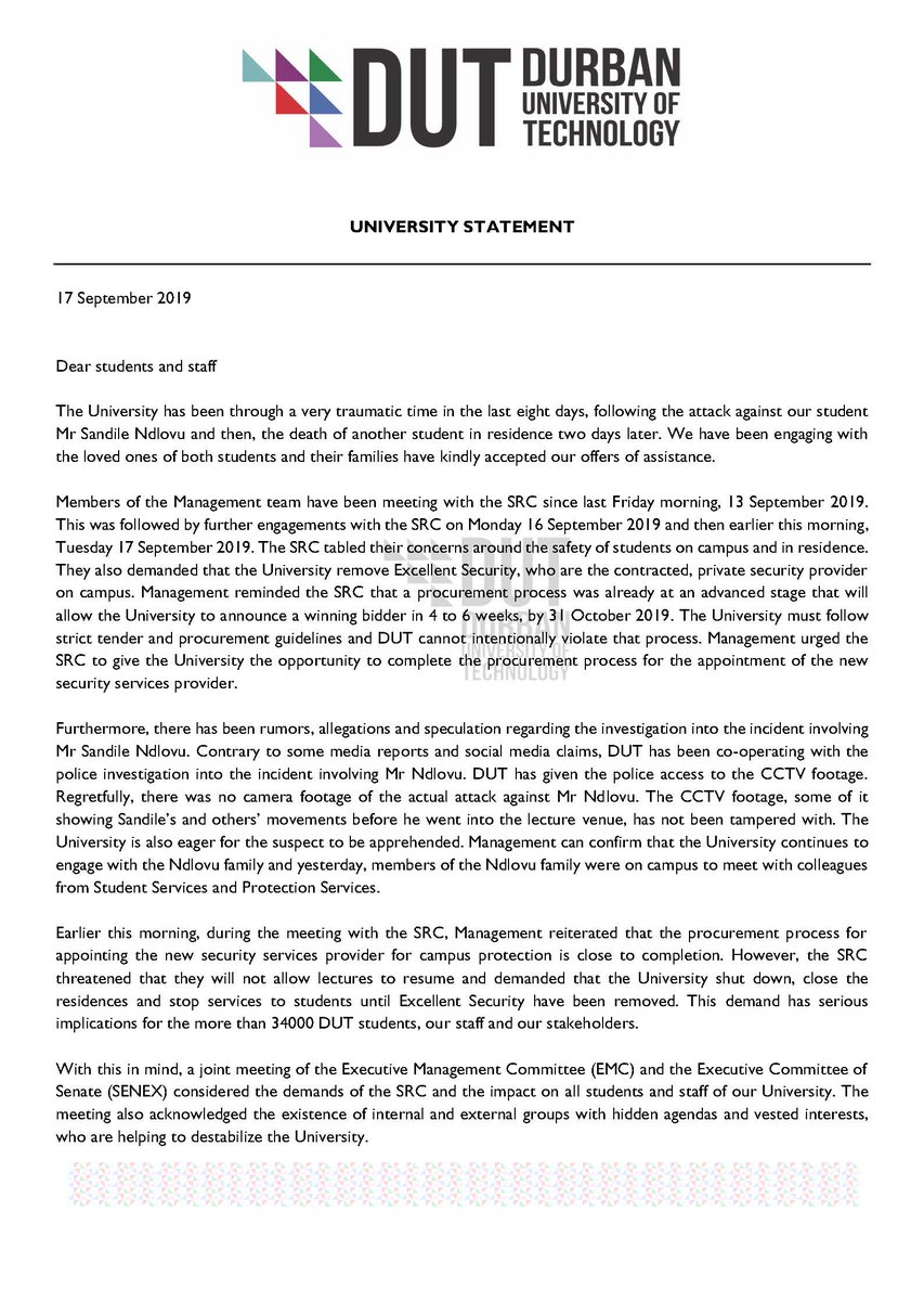 DUT Statement on the Resumption of Classes r/test___________