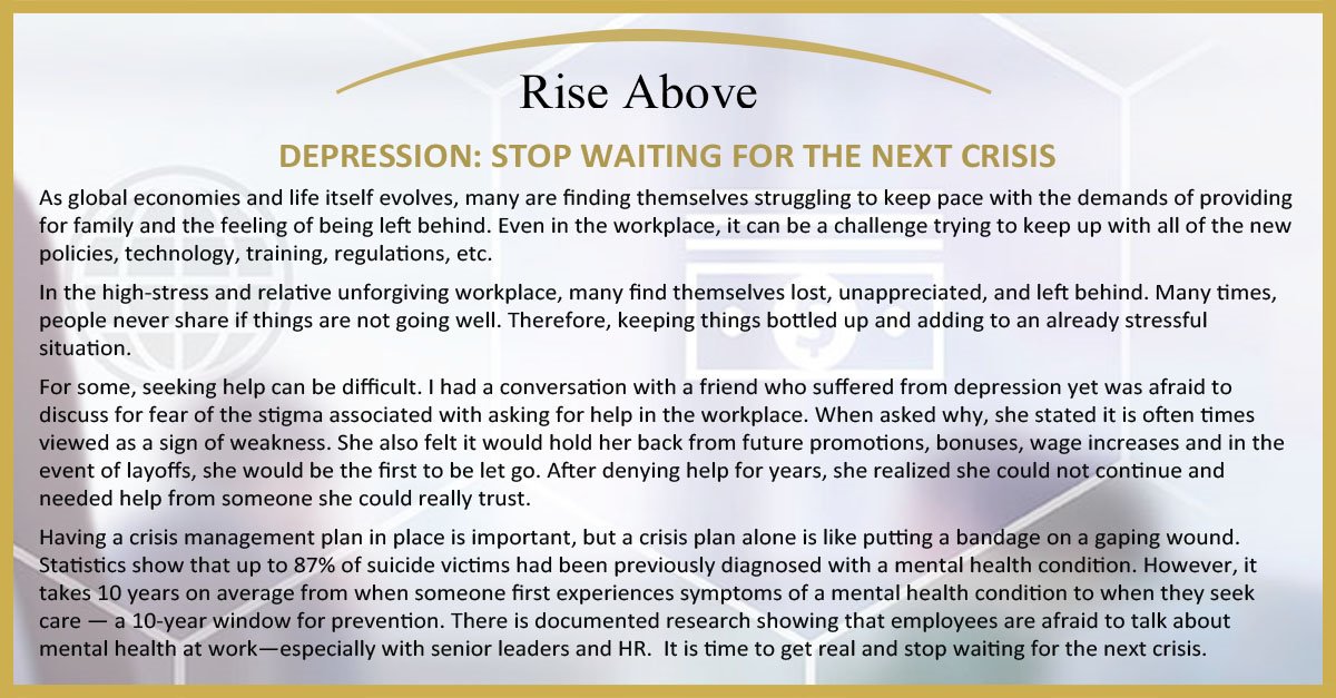 ELLA_VATION's tweet photo. #DEPRESSION: STOP WAITING FOR THE NEXT CRISIS #safety #SafetyFirst #riskmanagement https://t.co/Ogps4N3wTP