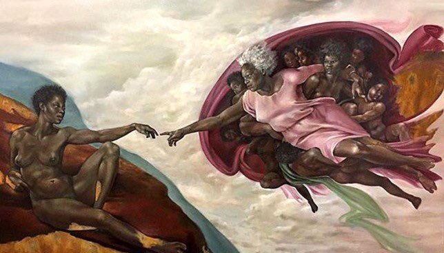 I’m completely obsessed with Harmonia Rosales’ artwork. She reimagines scenes from the Bible to let these people know 2 things: God is Black + God is a womanHer ‘Birth of Oshun’, ‘Creation of God’ + that ABSOLUTELY breathtaking ‘The Virgin’ are some of my favorites. Whew 