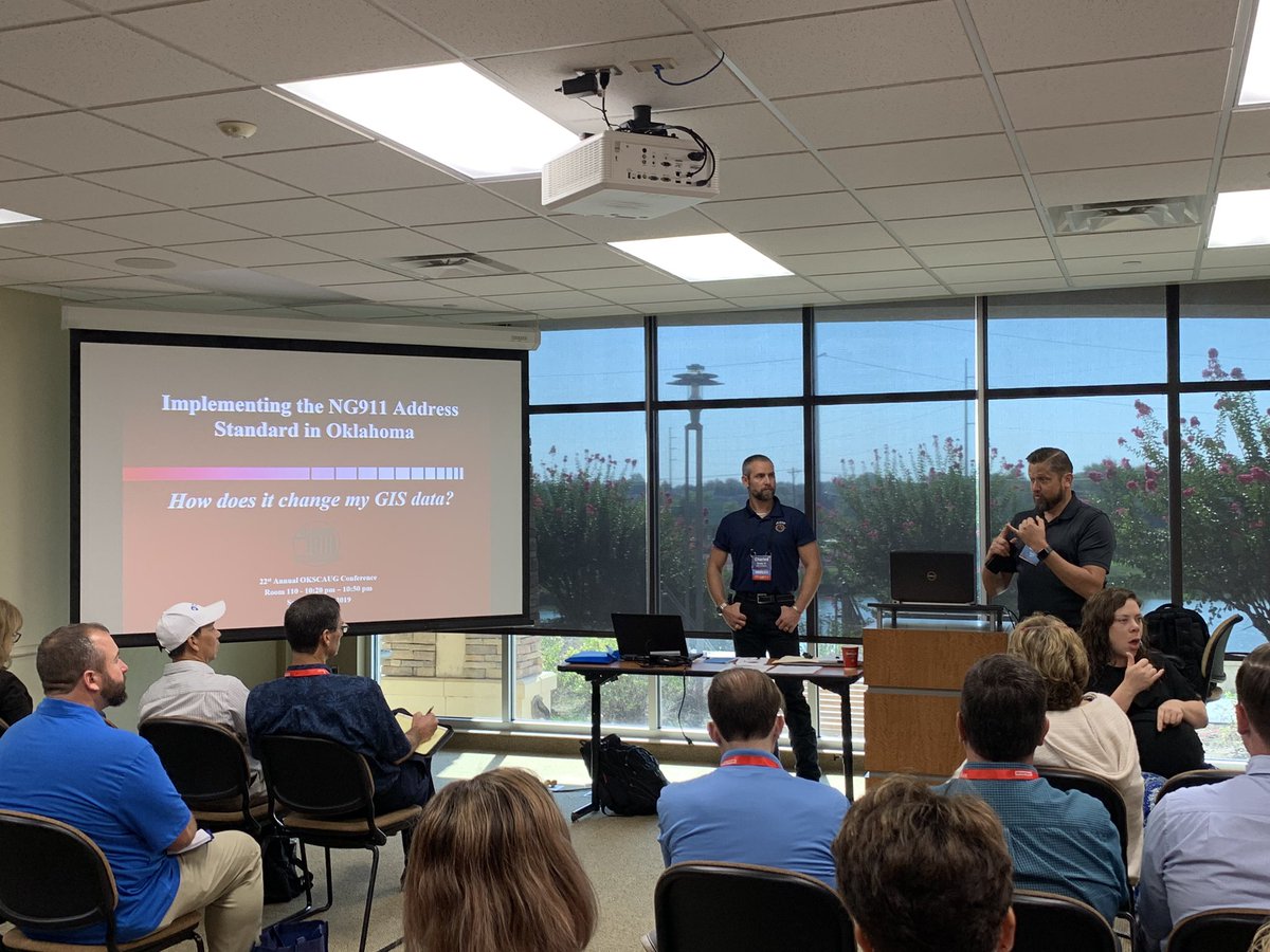 zachstanford's tweet photo. .@911Oklahoma’s Lance Terry speaking to a full room at #OKSCAUG discussing the importance of next generation 9-1-1 addressing standards in GIS. “Getting that critical call to the right place, the first time.” #NG911 #OK911 #OKem https://t.co/g8AsMzOq8Y