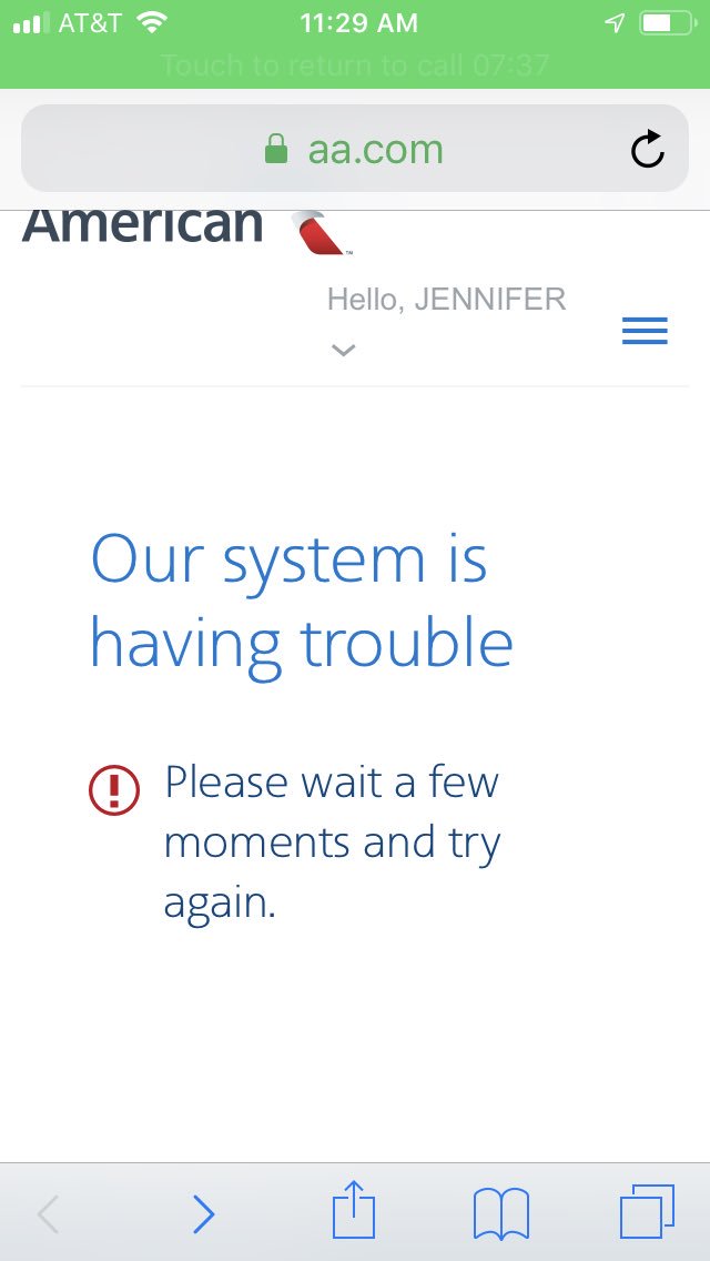 JenStuckey1's tweet photo. @AmericanAir been on hold after being transferred for 10 minutes and your website isn’t working! Horrible service https://t.co/VwxvG8XoYq