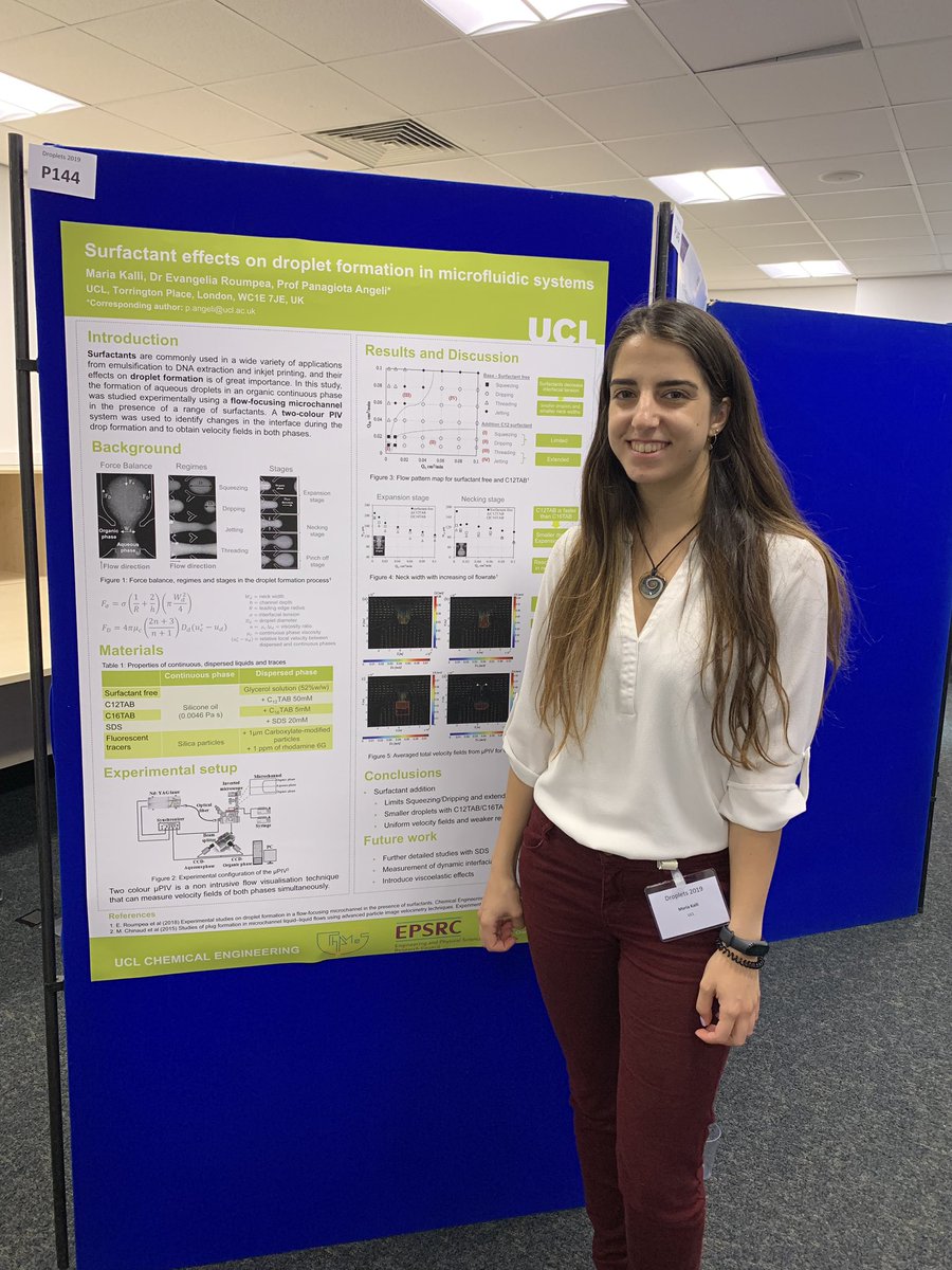 ThamesUCL's tweet image. Congrats to @MariaKalli10 on her 1st poster presentation on “Surfactant effects on droplet formation in microfluidic systems” at the #Droplets2019 conference in #Durham! Stay tuned for tomorrow’s Keynote from our Project Lead @PanagiotaAngeli!
#multiphaseflow #surfactants #μPIV