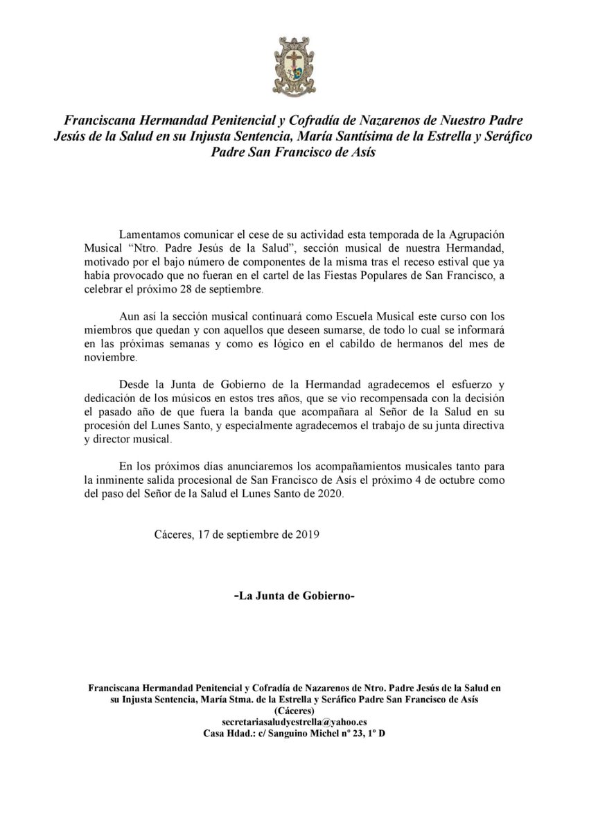 COMUNICADO.
Cese de actividad de la Agrupación Musical.
#AMSalud