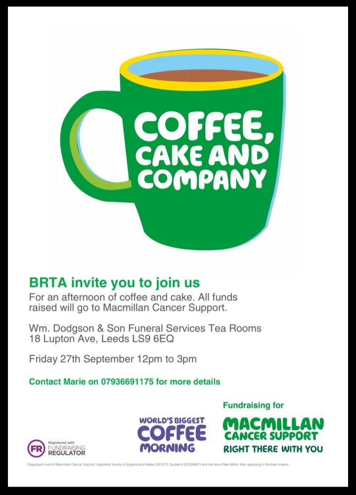 You are invited to #BRTA #macmillancoffeemorning 

Friday 27th September 12pm to 3pm