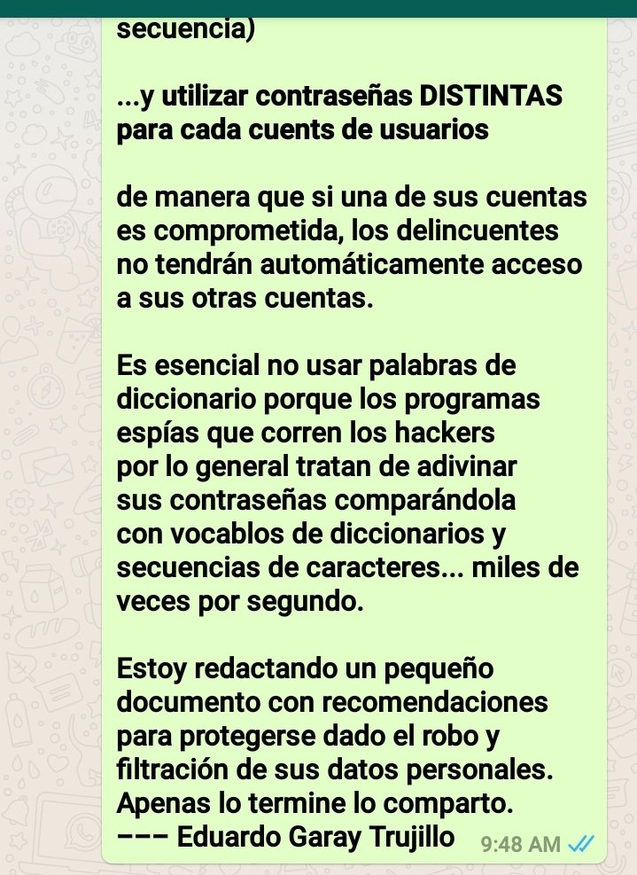garay's tweet image. Exacto, por eso es imperativo que (como mínimo) todo Ecuatoriano cambie/utilice #contraseñas #robustas y DISTINTAS para cada una de sus cuentas digitales, como describo a continuación: