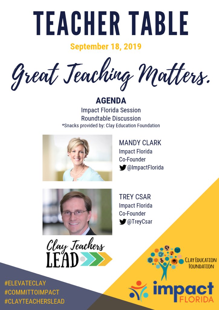 Can’t wait to welcome <a href="/ImpactFla/">Impact Florida</a> to <a href="/oneclayschools/">Clay County District Schools</a> tomorrow as we explore the Five Conditions That Support Great Teaching! @CefClay #GreatTeachingMatters #ElevateClay #CommitToImpact #ClayTeachersLEAD #TeacherTable