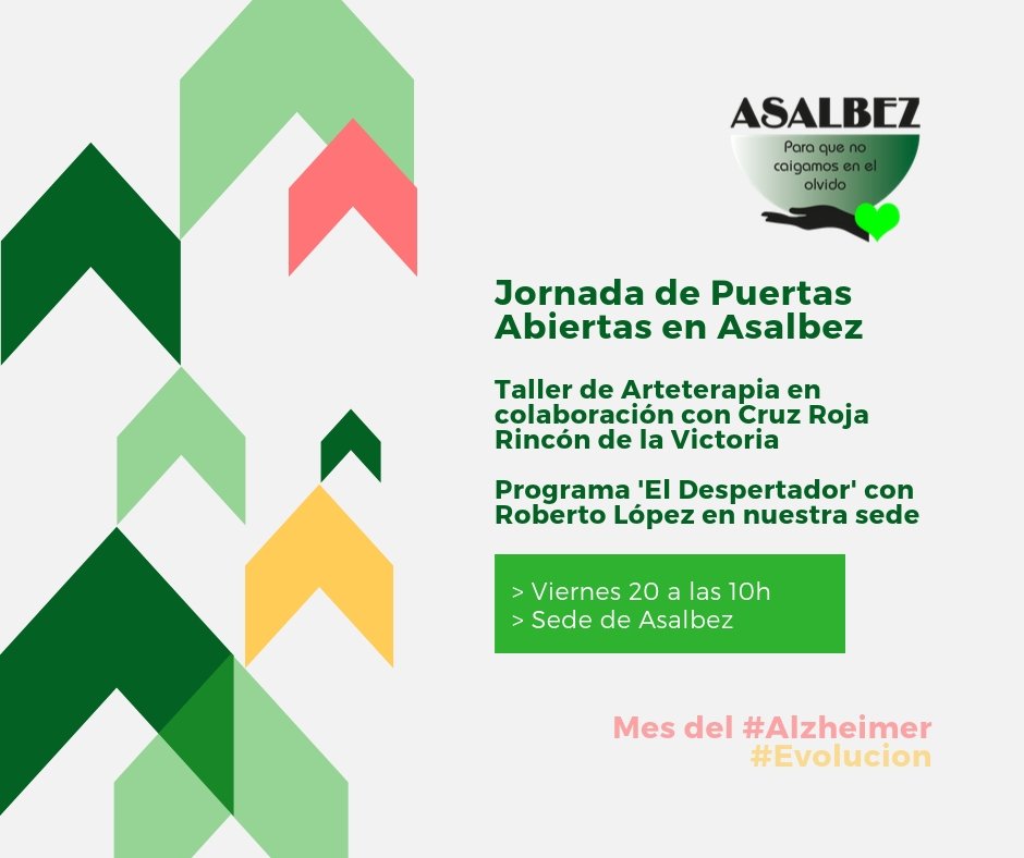 El sábado 21 se celebra el Día Mundial del Alzheimer y en #Asalbez queremos celebrarlo con una Jornada de Puertas Abiertas el viernes 20, con un taller de arteterapia y la realización en directo del programa El Despertador de <a href="/robertolopezzzz/">robertolópez</a> 💚💚💚 ¡Os esperamos!