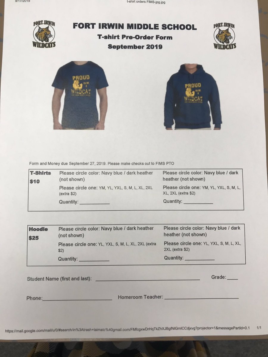 FIMS_Wildcats's tweet photo. FIMS PTO is selling school t-shirts for $10.00 and hoodies for $25.00!!! Forms and money due by Sept. 27th, 2019! Come order yours today. #FIMSwildcats @NTC_UPDATE @FIMS_Wildcats @SilverValleyUSD #fimspto https://t.co/TeLuR092Kz