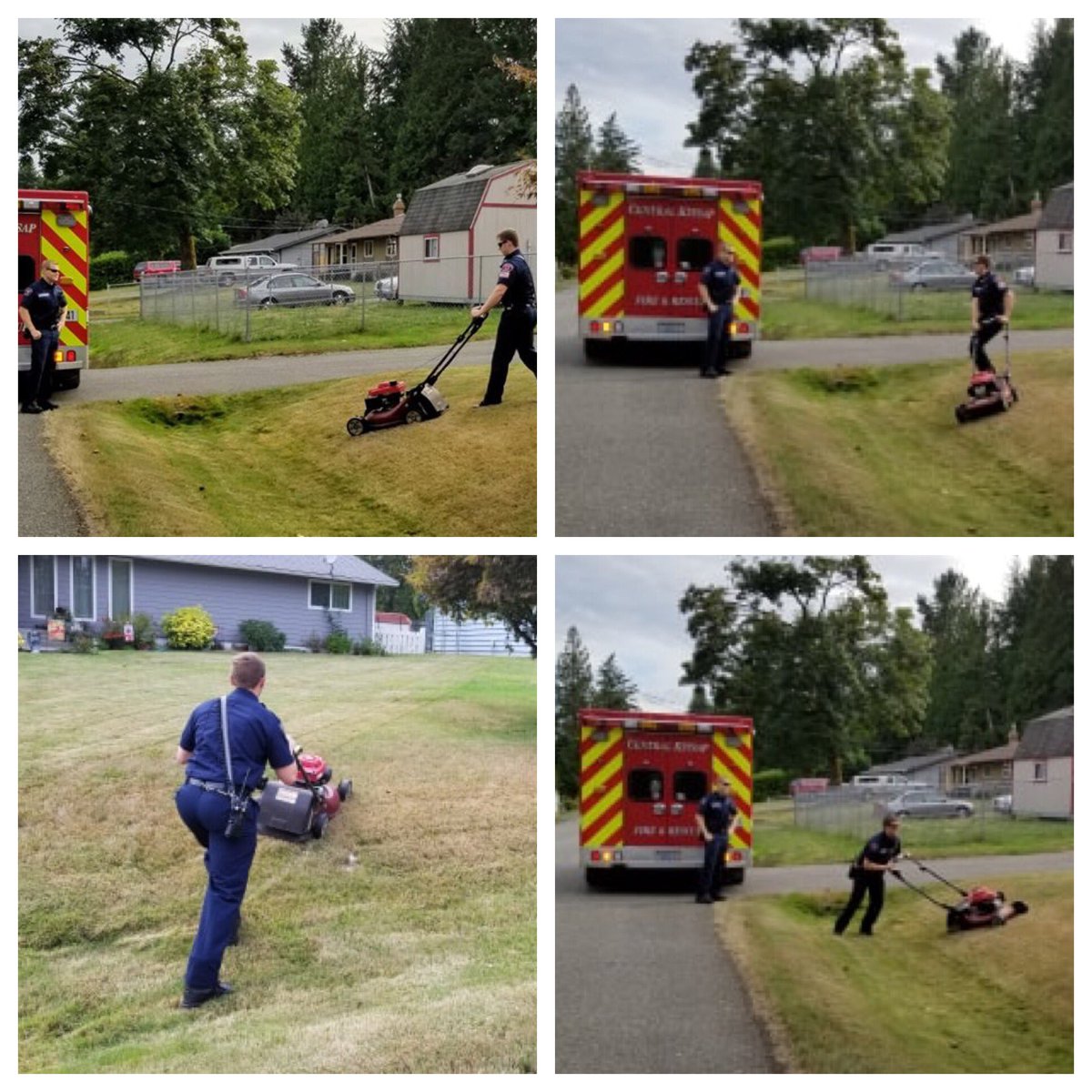 Caught in the act! After the homeowner suffered a medical event while mowing her lawn, Probationary FF Jesse Graham returned to finish the job. We’re happy to report the patient is doing well and thanks to meticulous direction from Paramedic McCracken the lawn looks great. 🌱😁