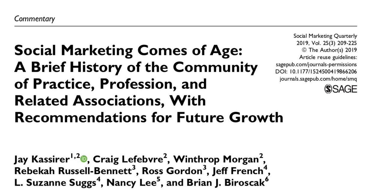 Check out this new @SMQJournal publication from several social marketing leaders from around the globe (@chiefmaven, @WinM, @DrRossGordon, @JeffFrenchSSM, and @nancyrlee, among others): journals.sagepub.com/doi/10.1177/15…