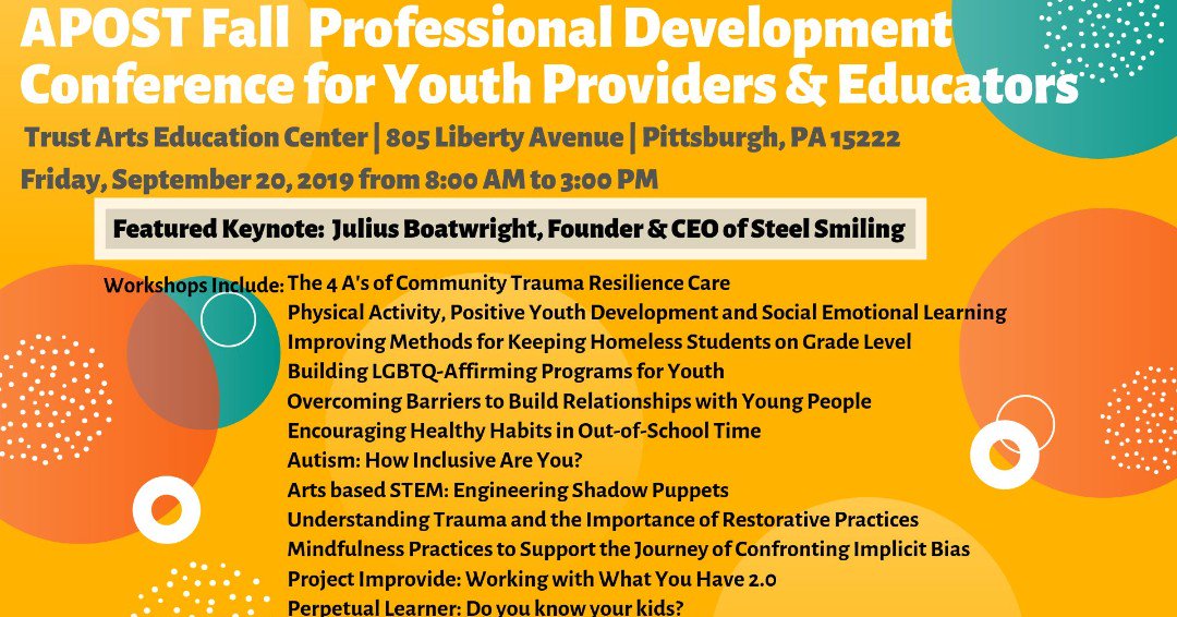 PittSocialwork's tweet photo. This Friday! Come see MSW student Ke'Amber Moses present at Pittsburgh's annual APOST Fall Conference for Out-of-School Time. Also there will be alum Julius Boatwright! https://t.co/rf2FTVas3Z https://t.co/jGEf6FRjWy