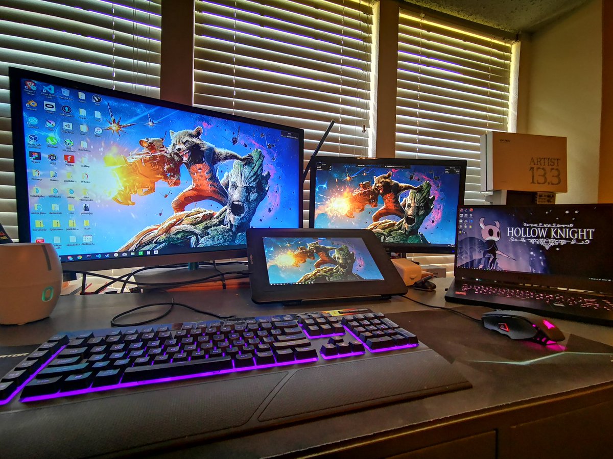 IamDaleon's tweet photo. Home setup ready to begin coding... #react #reactjs #webdev #iamGroot #HollowKnight #xppen #corsair #MSI #MSIGS65 https://t.co/UfaKR0Vx8b
