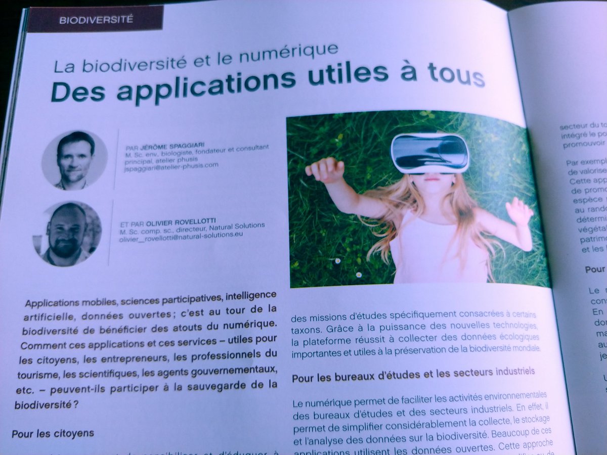 Heureux de cosigner avec <a href="/Nat_Solutions/">Natural Solutions</a> un article présentant l'intérêt du #numerique pour la #biodiversité dans le dernier numéro de Vecteur Environnement. On propose des exemples d'applications pour les citoyens, les bureaux d'études et l'industrie, le tourisme, la recherche...