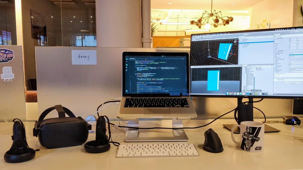 dannypaton_'s tweet photo. I have been working on virtual reality projects @jam3, building for the @oculus Quest in @unity3d. Here is my setup! @madewithunity @Oculus_Dev #VR #VRDev #VirtualReality #Oculus #OculusQuest #madewithunity #unity3d #MixedReality #csharp https://t.co/SQzxQXkt5h