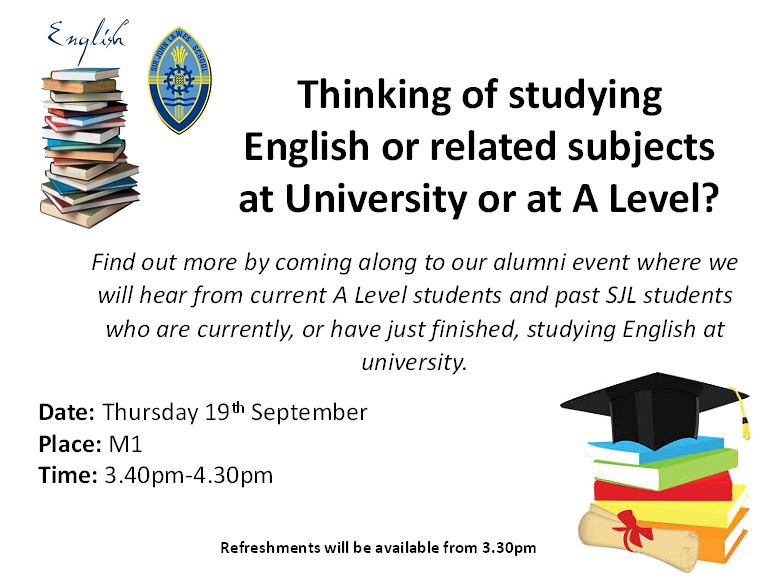 FAO Years 10 - 13! Our annual alumni talk takes place after school on Thursday, 15:40-16:30. If you are interested in studying English Literature at A Level, or at university, do come along to hear current and former SJL students share their experiences and advice!