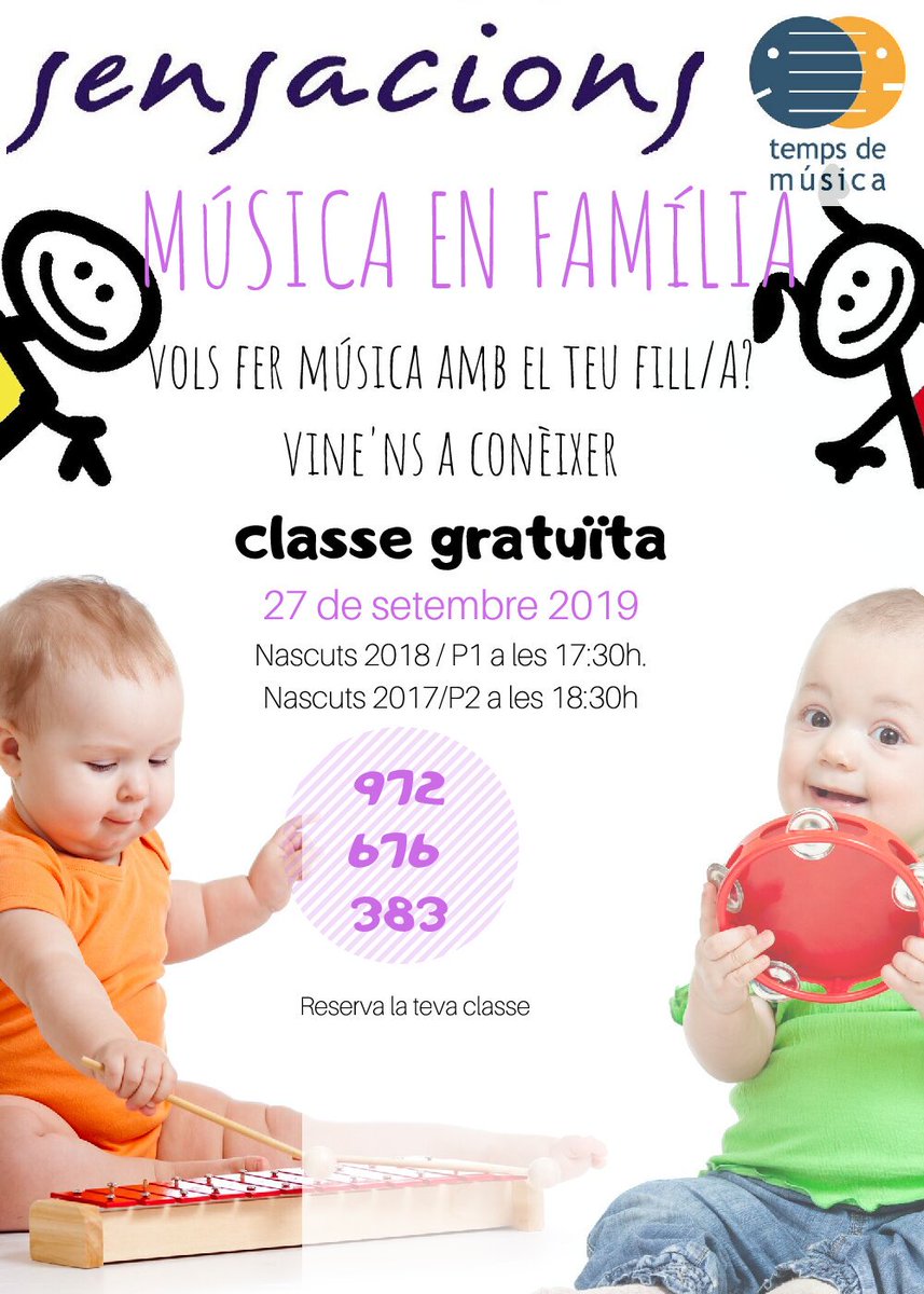 Tempsdemsica's tweet photo. Tenim moltes ganes de veure nous petitons a l'escola 👶👶, i que coneguin juntament amb els seus familiars, el nostre programa de Sensacions.
El divendres dia 27 de setembre, podeu venir a provar aquí l'escola Temps de Música.

Us hi esperem! https://t.co/ADJpznR0z0