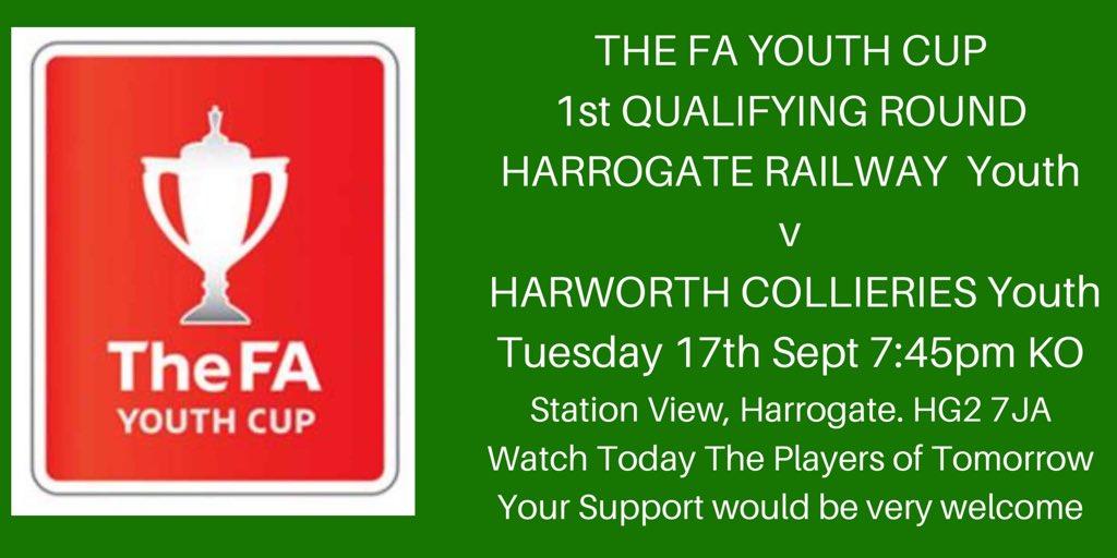 Get down to Station View tonight to see The Footballers of the Future. FA Youth Cup Action ⁦<a href="/THERAILFC/">Harrogate Railway Athletic FC</a>⁩ v ⁦⁦<a href="/HCIFC/">Harworth Colliery FC 🍊⚫️</a>⁩