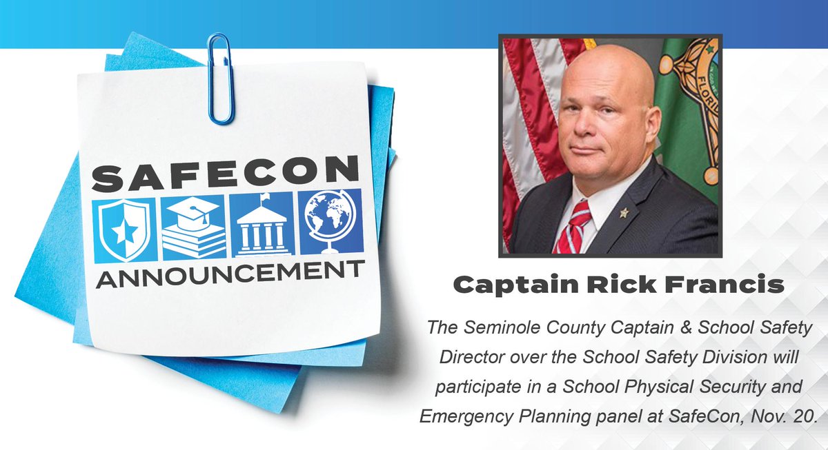 We're excited to share that Captain Rick Francis will moderate an important panel on #schoolsafety at SafeCon. Join us November 19-20! See the full agenda: fbcinc.com/e/safecon/agen… #SafeConFL19 #Orlando #FBCinc <a href="/seminolecounty/">Seminole County, FL</a>
