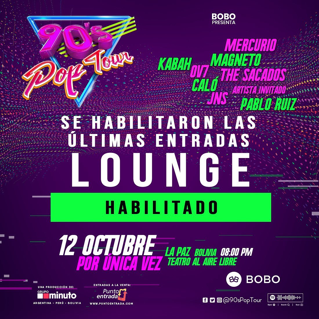 BoliviaRuiz's tweet photo. Se habilitaron las últimas entradas #Lounge! No te quedes sin estar cerca de los artistas, para compartir un espectacular momento, compra tus entradas en https://t.co/FCzqKOJt17 y/o puntos de venta.
#ViveLosNoventas
#90sPopTourBolivia
#PuntoEntrada
#FansClubPabloRuizBolivia https://t.co/brecwXIAoD