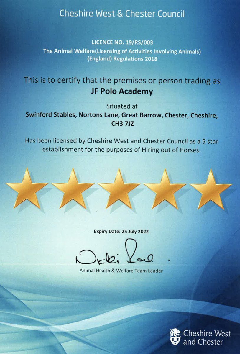 jfpoloacademy's tweet photo. #Proud to receive one of the only 5* ratings in the whole of #Cheshire for our riding establishment licence and it’s been awarded to us for three years placing us as the top riding school in the county. Must be doing something right! #CheshirePolo #polo #chester #ridingschool https://t.co/r7AF0htpjS