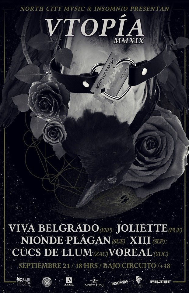 No falten a Vtopía 2019, con lo mejor del Post HardCore, Post-Rock y Screamo de la actualidad.
Presentado por <a href="/NorthCityMusic/">North City Music</a>.  
Como headliners <a href="/vivabelgrado/">Viva Belgrado</a> (España) y <a href="/joliettemx/">joliette</a> (México). 

Link para compra de boletos: vtopia-mmxix.boletia.com