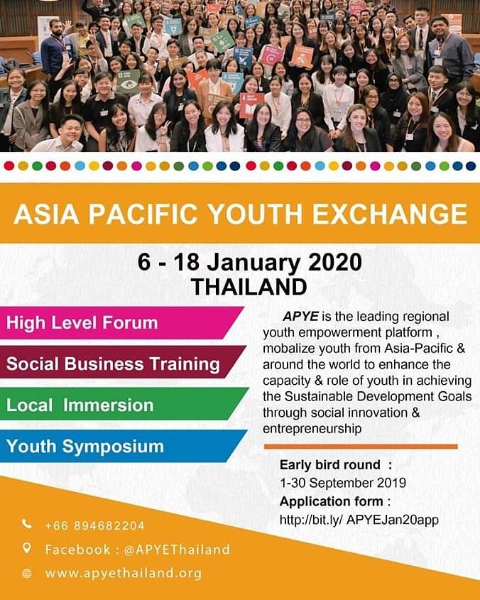 APYouthS's tweet photo. [Scholarship Available]
ASIA PACIFIC YOUTH EXCHANGE THAILAND
Jan 6-18, 2020 || Thailand
Deadline: 30 September 2019

More information: https://t.co/ZhS9HZmvy9 #apye #youth https://t.co/KKJPW32WIe