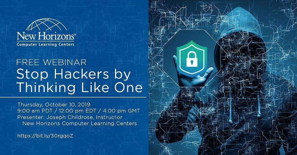 NHPrague's tweet photo. Free Webinar: Stop Hackers by Thinking Like One

To beat hackers you need to think and act like one!
Register today:  https://t.co/go1ZQk2nYJ

#OwnSecureProtectIT #2019NCSAM #NewHorizons #NewHorizonsPrague #CEH #Hacker https://t.co/Cw8PUMqNFo