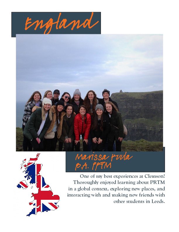 You could be like Marissa, a PRTM student, and study abroad in England! If you enjoy traveling or want to find out more, check out the study abroad fair tomorrow! <a href="/clemson_abroad/">Pam Hendrix Center for Education Abroad</a> <a href="/ClemsonPRTM/">Clemson PRTM</a> <a href="/PRTMEDGE/">PRTM EDGE</a> <a href="/ClemsonCBSHS/">Clemson CBSHS</a> #studyabroad