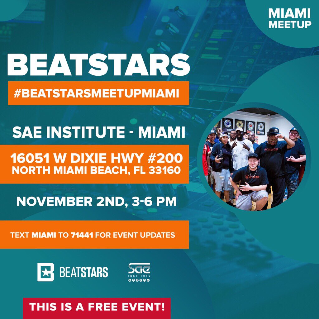 BeatStars's tweet photo. #BeatStarsMeetupMiami is going down on #Saturday #November 2nd at @SAENORTHAMERICA #Miami 🔥🔥 

Come ready to network, play beats and spread love ♥️ @NdroiDbeats @ShelloBeatz https://t.co/NRRhEp7ov4